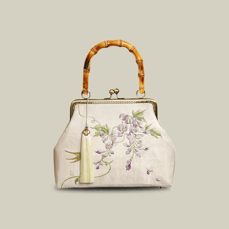 Swallow Embroidered Bamboo Handle Bag with Kiss-Lock