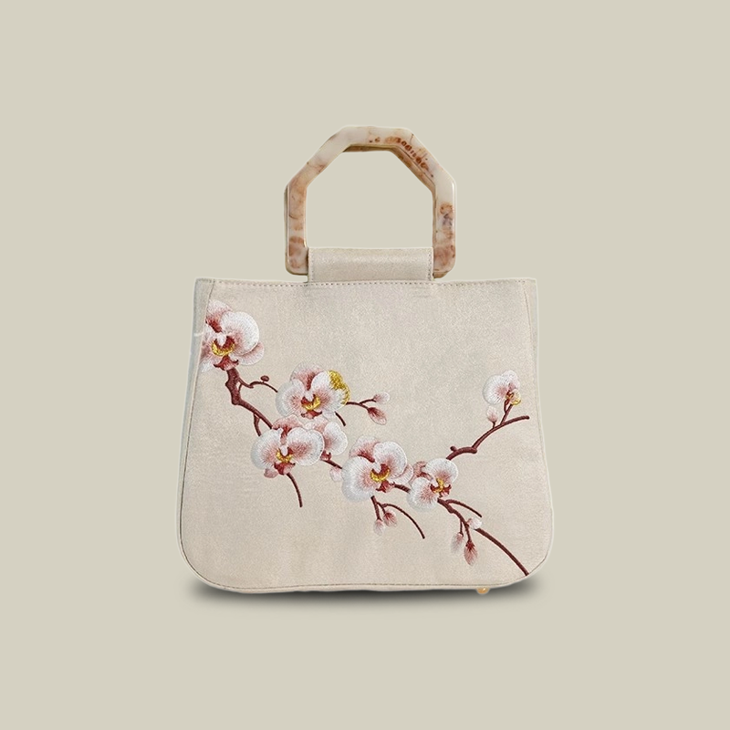Moth Orchid Embroidered Tote Bag with Vintage Acrylic Handle