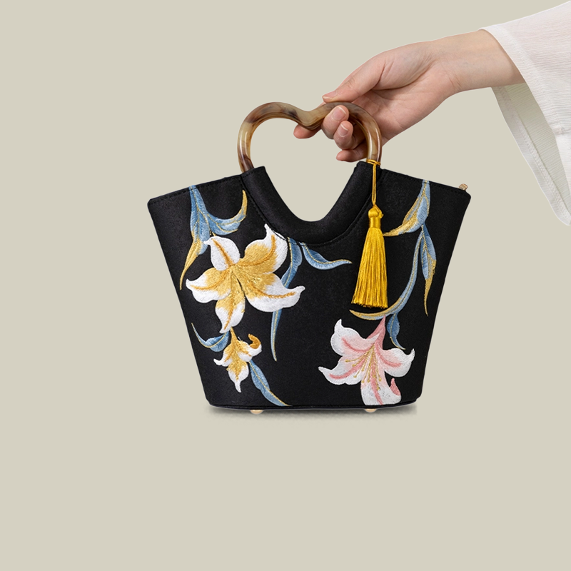 Lily Embroidered Tote Bag with Heart Handle