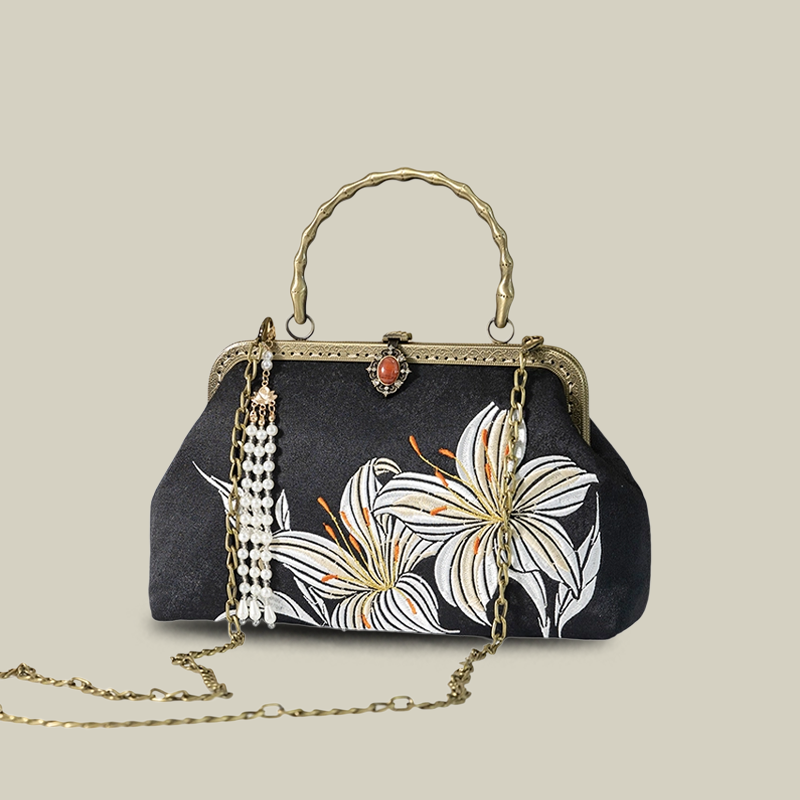 Lily Embroidered Handbag with Pearl Tassel