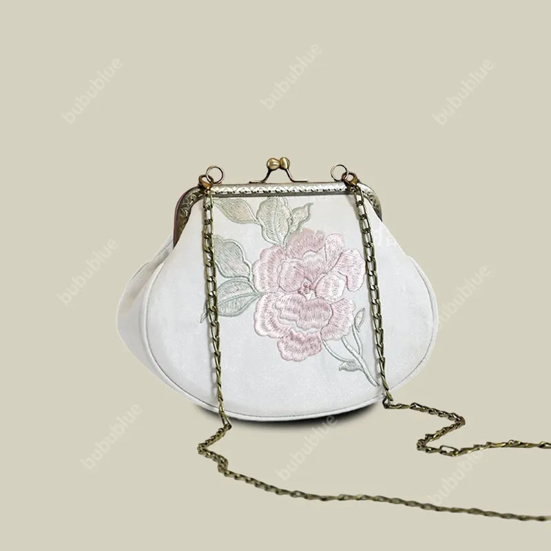 Vintage Begonia Embroidered Shell Satin Handbag with Pearl Chain