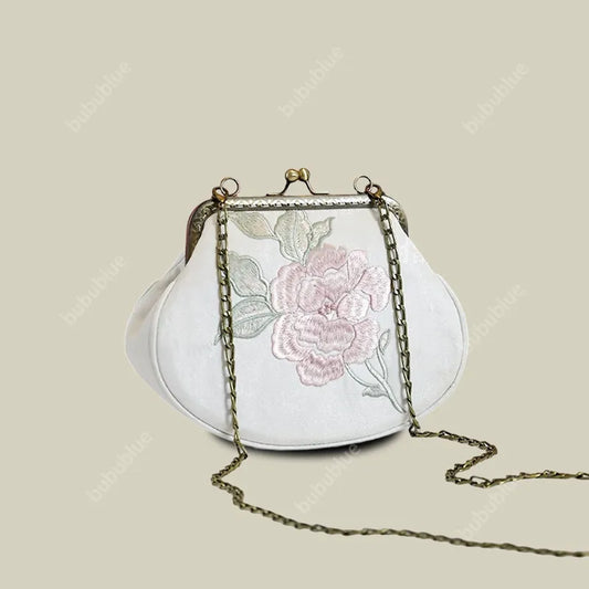 Vintage Begonia Embroidered Shell Satin Handbag with Pearl Chain