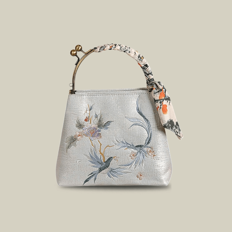 Kiss-Lock Embroidered Bird & Blossom Handbag with Silk Scarf