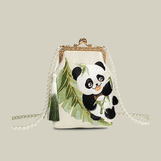 Cute Panda Embroidered Crossbody Bag with Pearl Strap