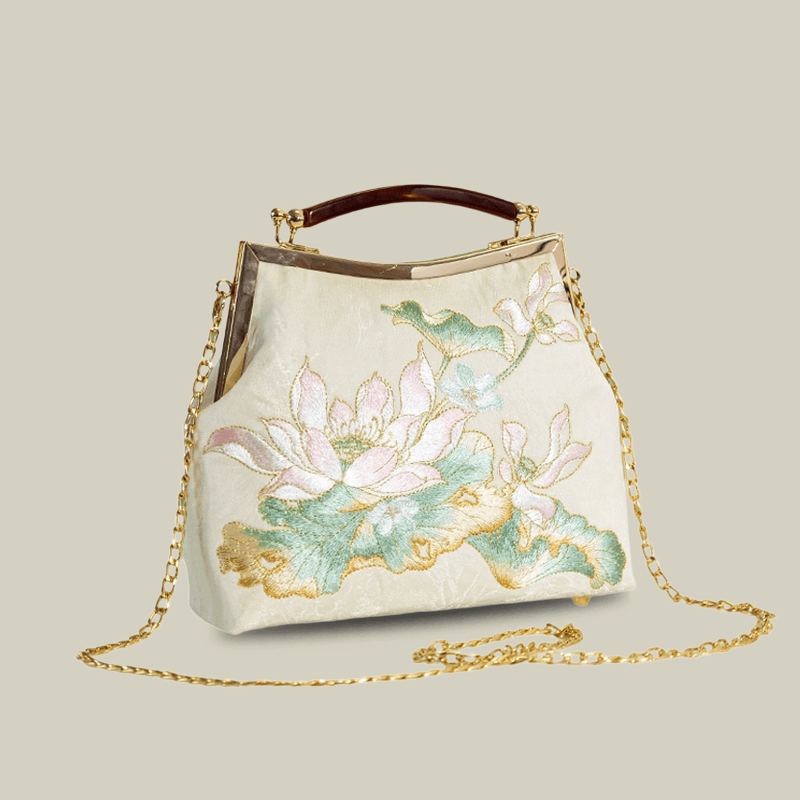 Embroidered Lotus Square Kiss-Lock Handbag with Acrylic Handle