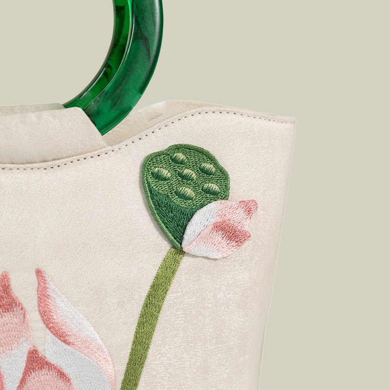 White Lotus Embroidered Tote Bag with Green Acrylic Handle