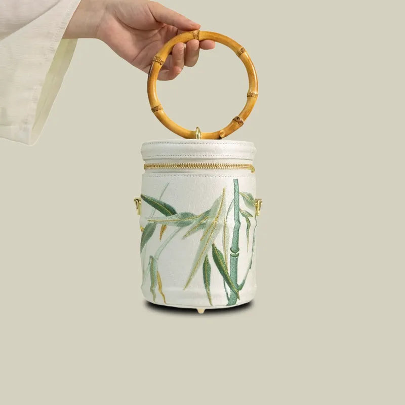 Vintage Bamboo Embroidered Bucket Bag with Bamboo Handle