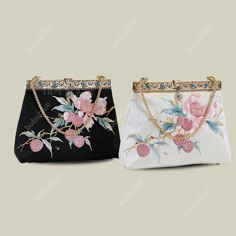 Vintage Lychee Embroidered Satin Handbag with Metal Beads