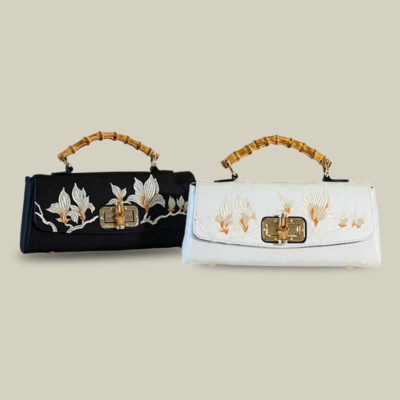 Magnolia Embroidered Boston Bag with Crossbody Chain