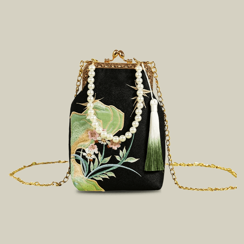 Orchid Whisper Embroidered Mini Crossbody Bag with Pearl Handle