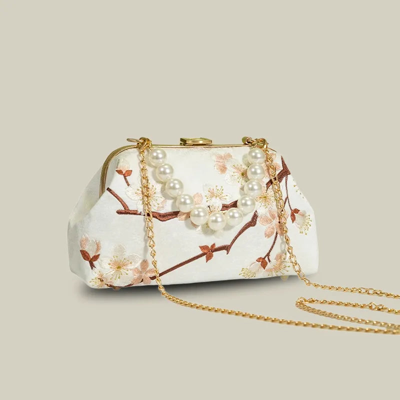 Plum Bossom Embroidered Beige White Vintage Handbag with Pearl Handle