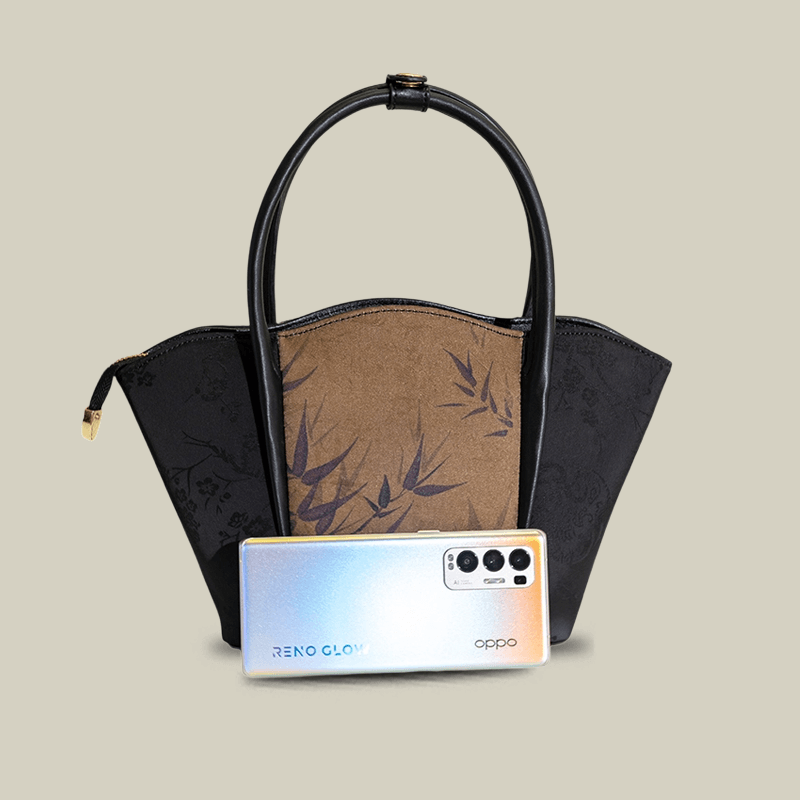 Bamboo Printed Black Colorblock Handbag