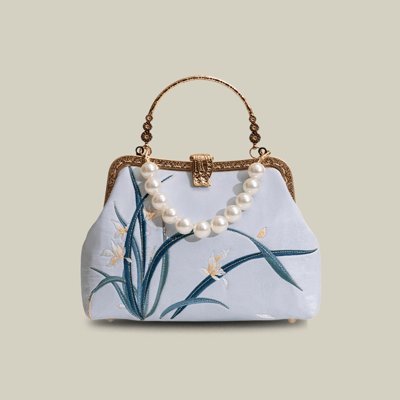 Orchid Embroidered Pearl Handle Handbag with Metal Lock