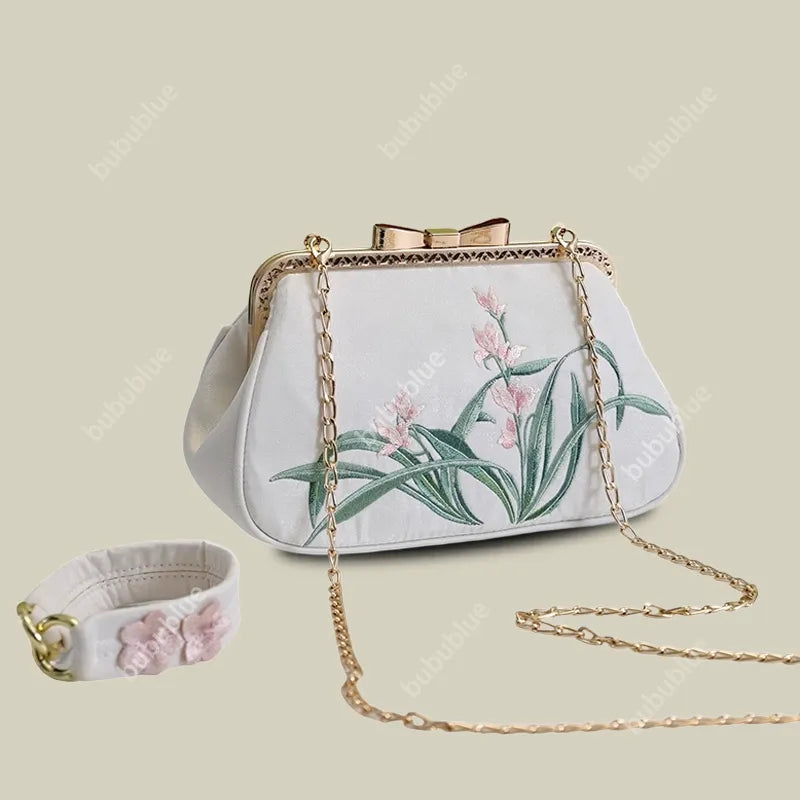 Vintage Orchid Embroidered Handbag with Metal Butterfly Lock