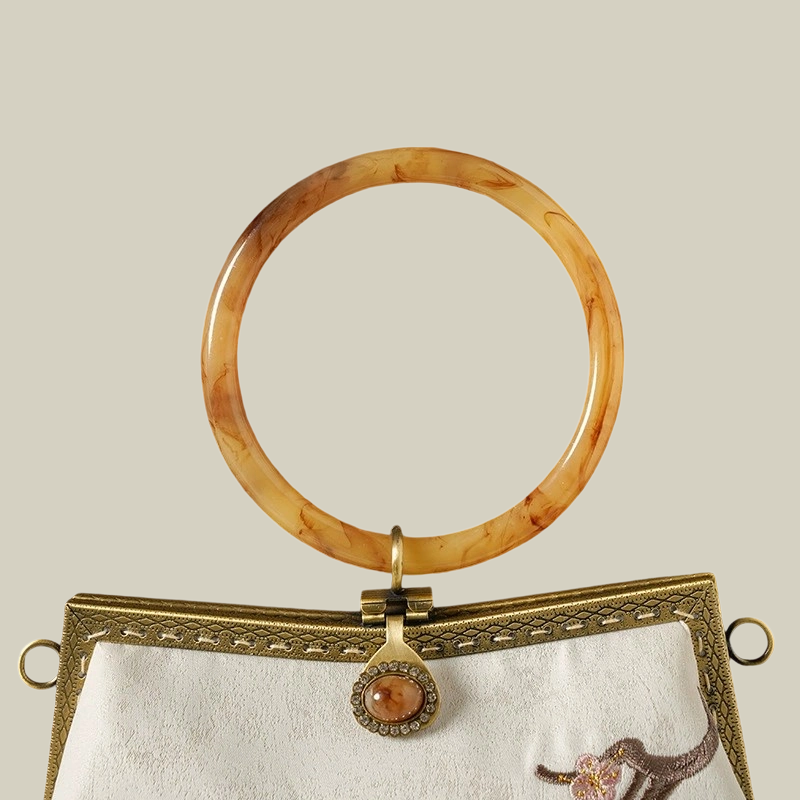 White Plum Blossom Embroidered Handbag with Acrylic Handle
