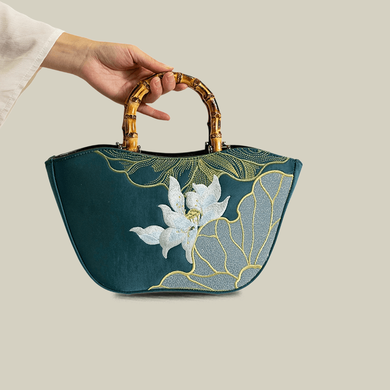 Lotus Embroidery Bamboo Handle Tote Bag