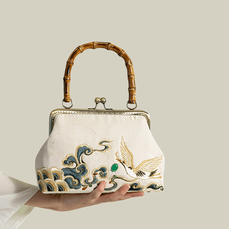 Embroidered Crane Handbag with Metal Kiss Lock