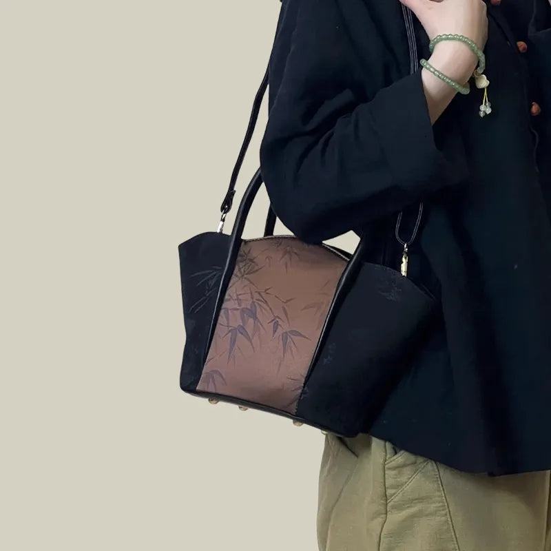 Bamboo Printed Black Colorblock Handbag