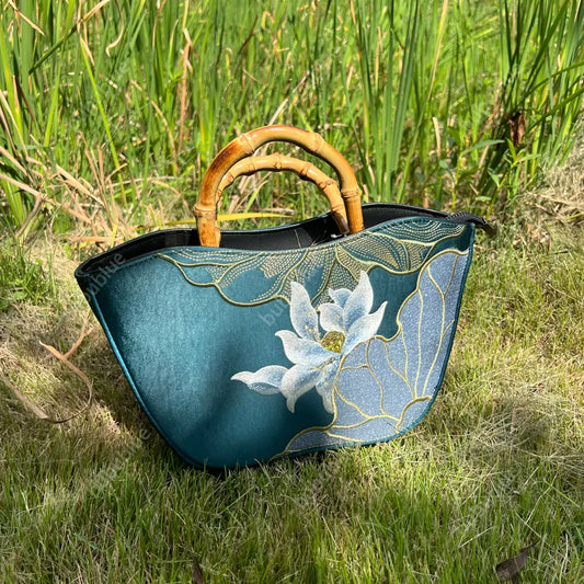 Lotus Embroidery Bamboo Handle Tote Bag