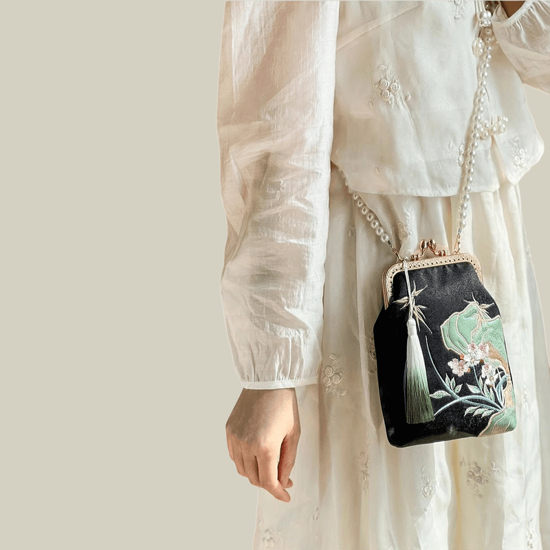 Orchid Whisper Embroidered Mini Crossbody Bag with Pearl Handle