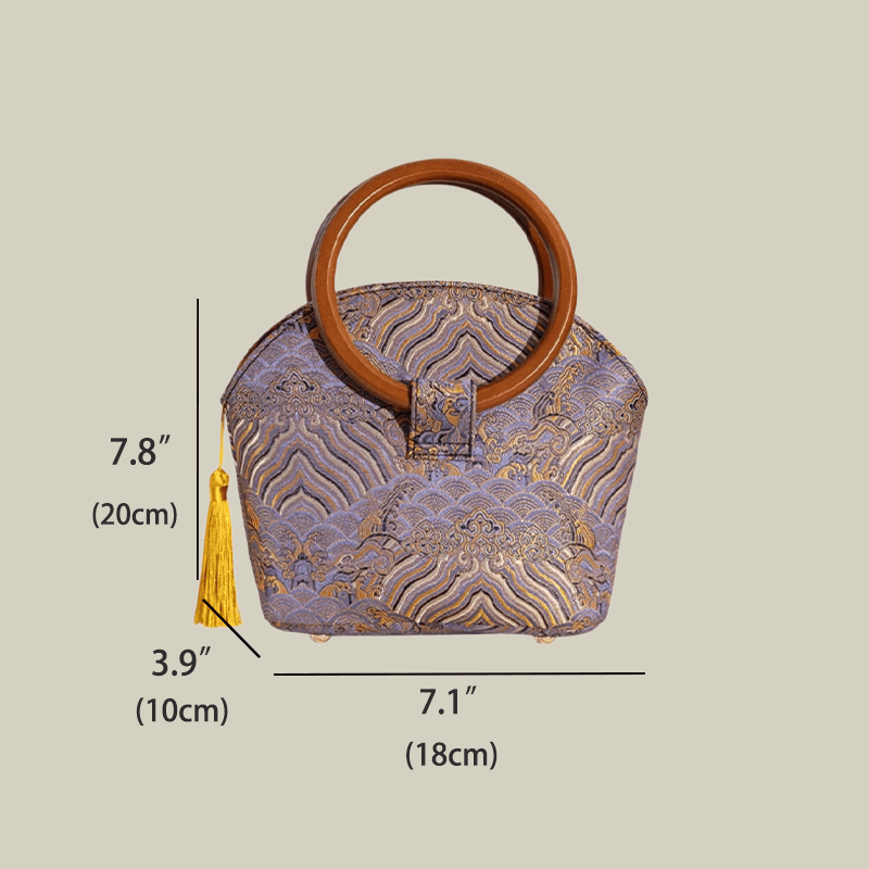 Brocade Shell Handbag with Wooden Ring Handle