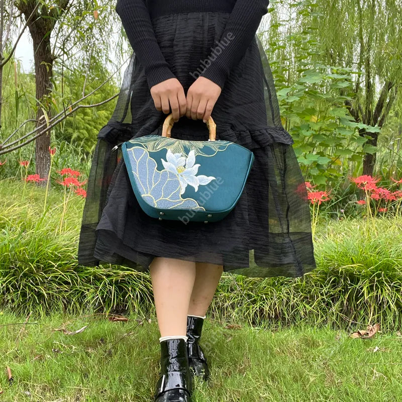 Lotus Embroidery Bamboo Handle Tote Bag