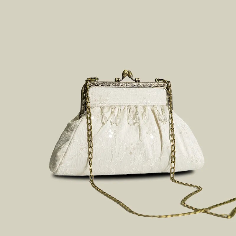 Vintage Pearl Tassel Satin Evening Bag with Kiss Lock(White/Black)