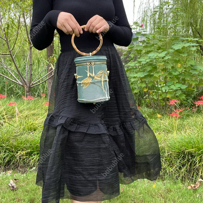 Cicada Song Embroidered Green Mini Bucket Bag