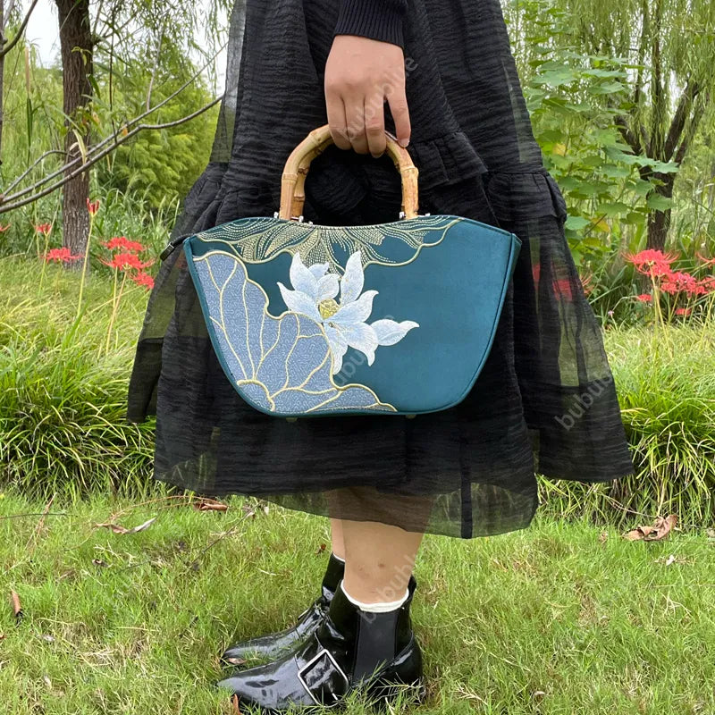Lotus Embroidery Bamboo Handle Tote Bag