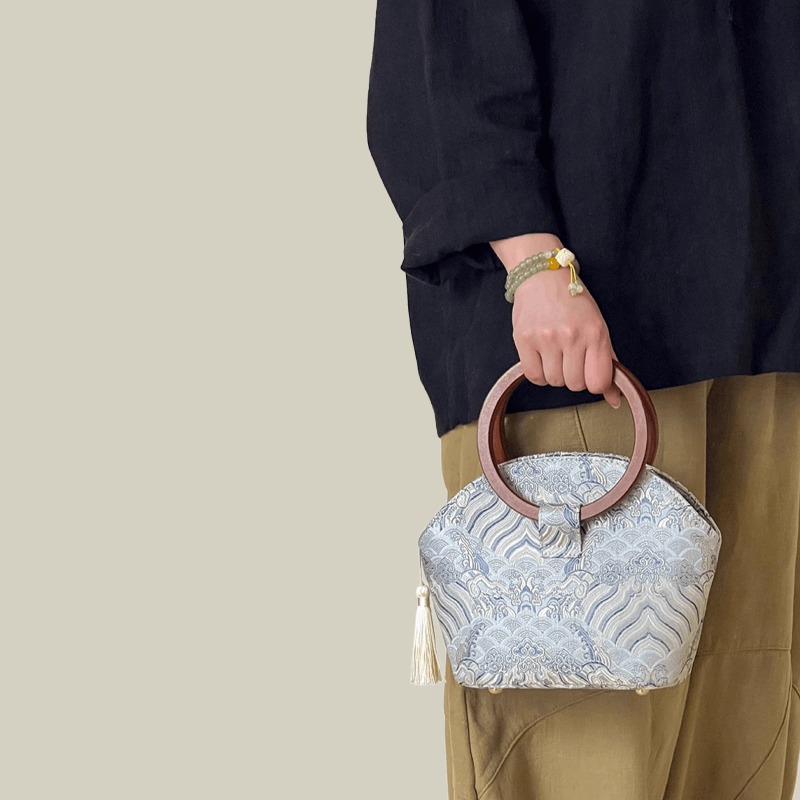Brocade Shell Handbag with Wooden Ring Handle