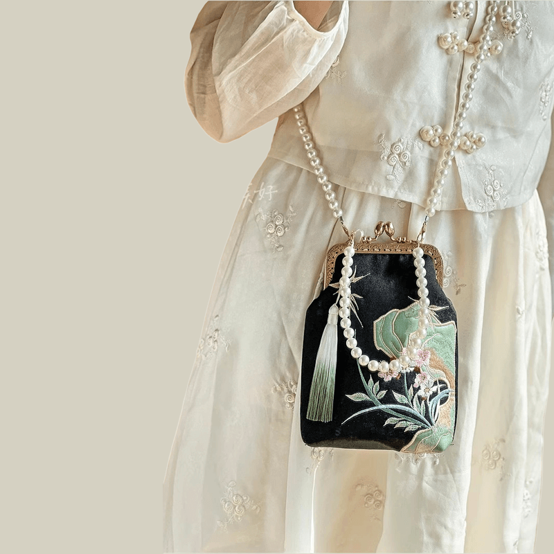 Orchid Whisper Embroidered Mini Crossbody Bag with Pearl Handle