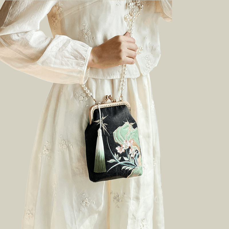 Orchid Whisper Embroidered Mini Crossbody Bag with Pearl Handle