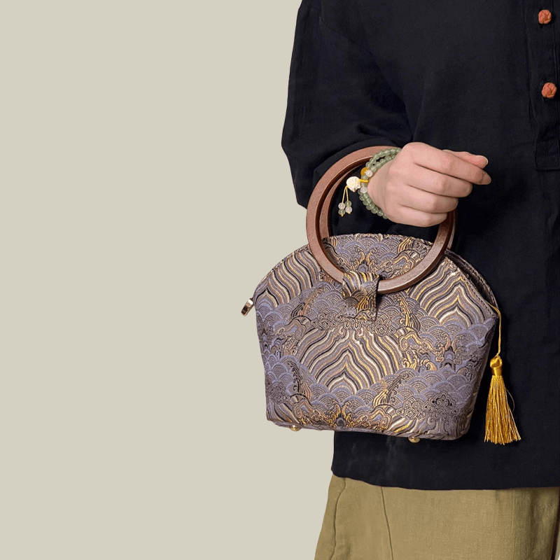 Brocade Shell Handbag with Wooden Ring Handle