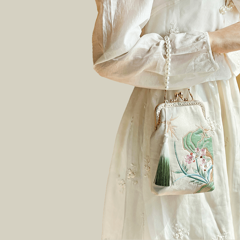 Orchid Whisper Embroidered Mini Crossbody Bag with Pearl Handle