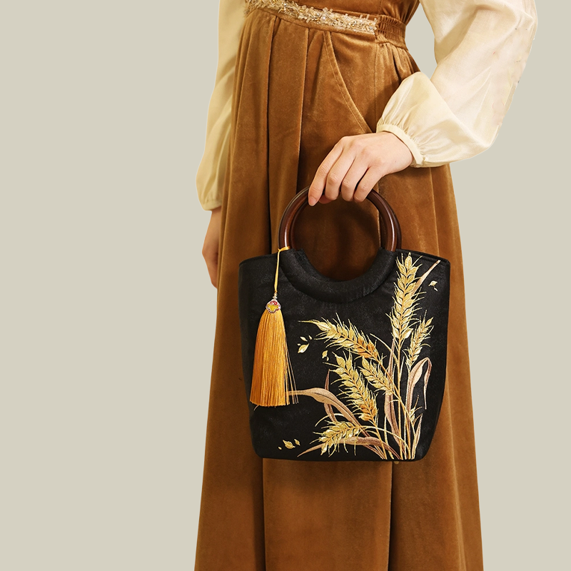 Golden Wheat Embroidered Tote Bag with Tassel