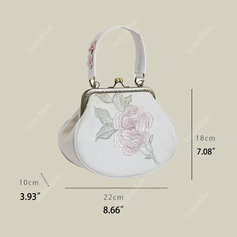 Vintage Begonia Embroidered Shell Satin Handbag with Pearl Chain