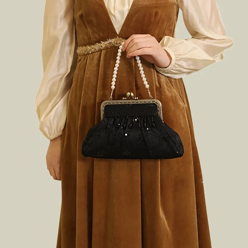 Vintage Pearl Tassel Satin Evening Bag with Kiss Lock(White/Black)