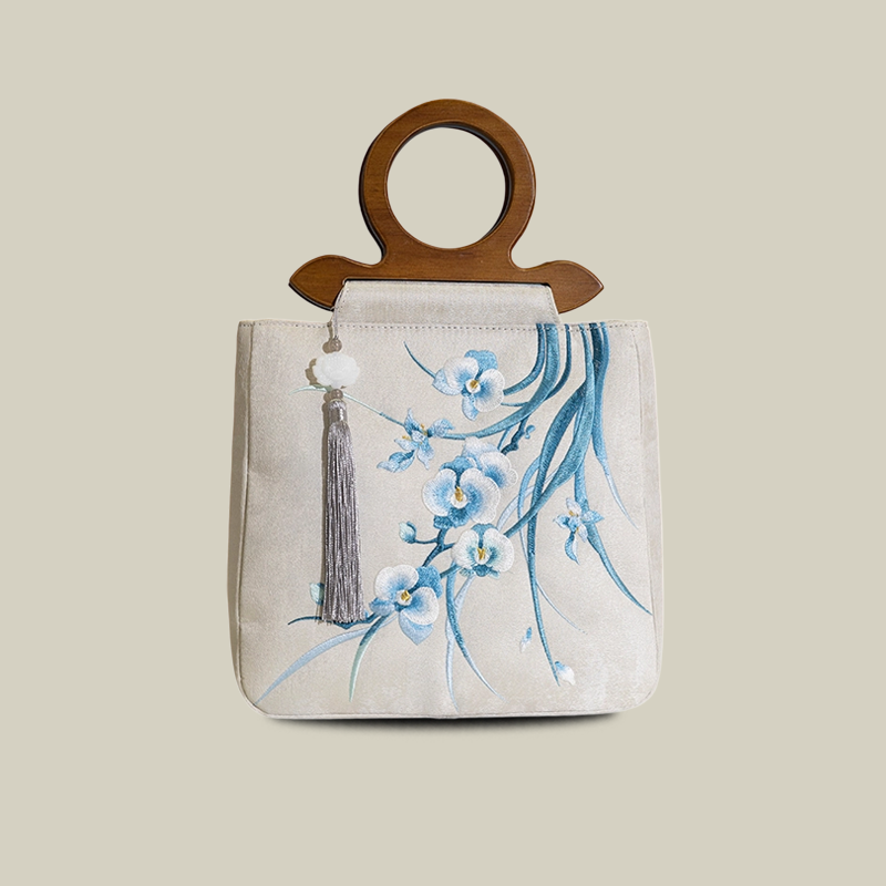 Phalaenopsis Whisper Embroidered Tote with Wooden Handle