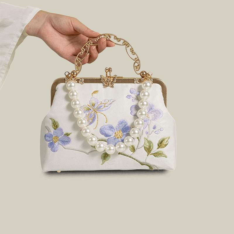 Butterfly Embroidered White Handbag with Metal Kiss-Lock
