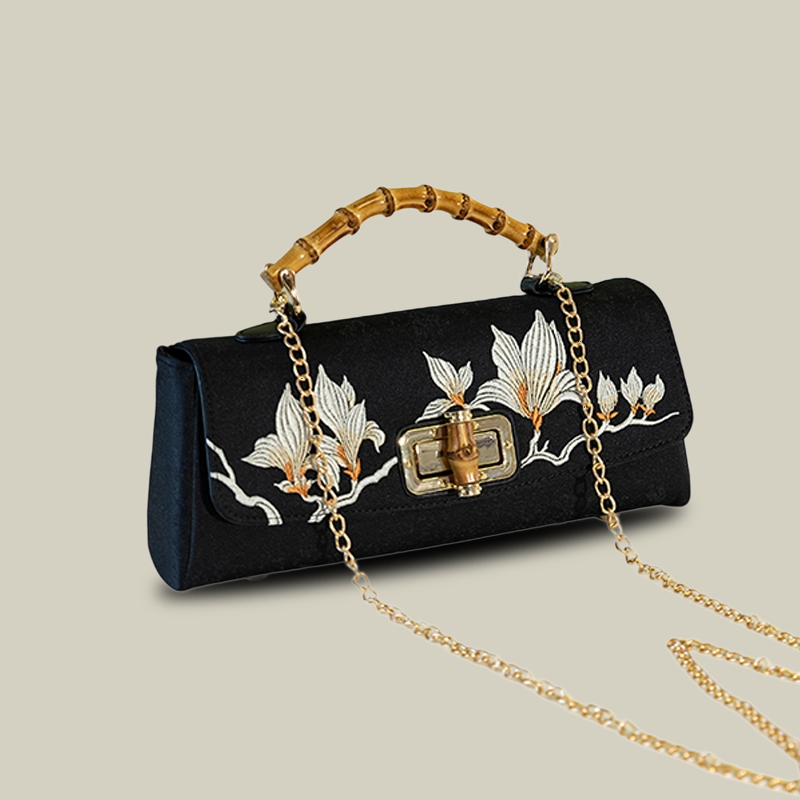 Magnolia Embroidered Boston Bag with Crossbody Chain