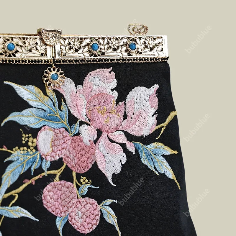 Vintage Lychee Embroidered Satin Handbag with Metal Beads