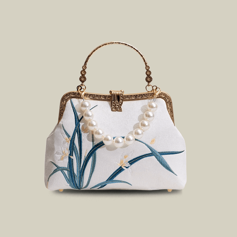 Orchid Embroidered Pearl Handle Handbag with Metal Lock