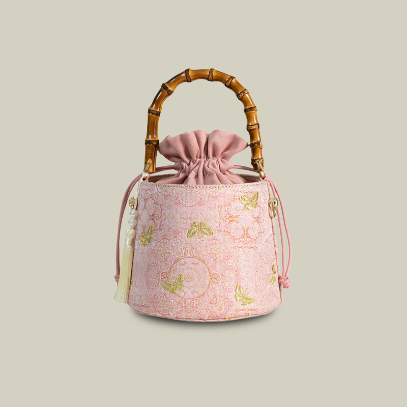 Golden Butterfly Embroidered Bucket Bag(Pink/Purple)
