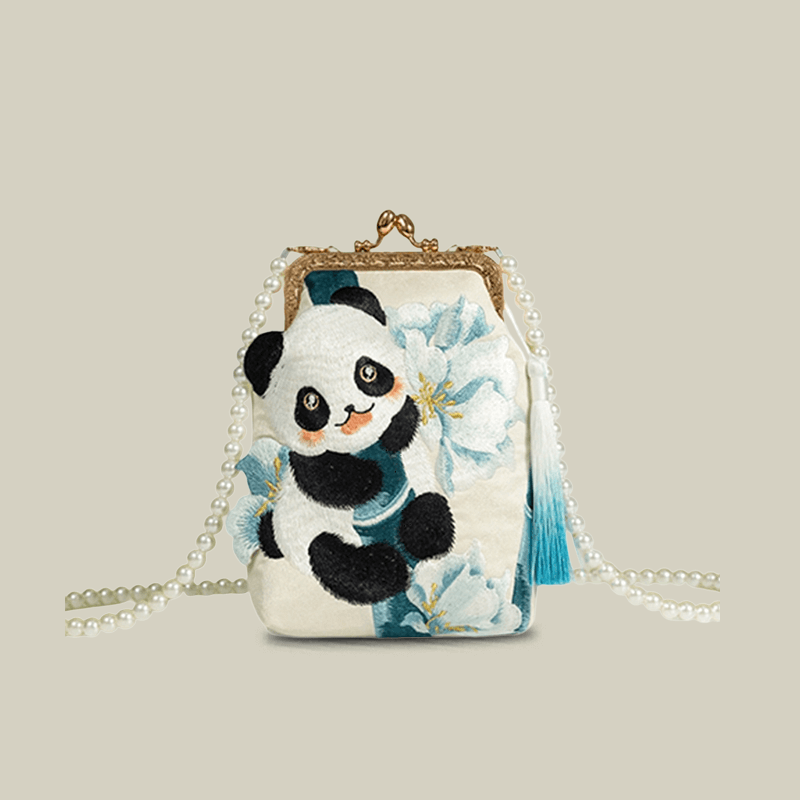 Cute Panda Embroidered Crossbody Bag with Pearl Strap
