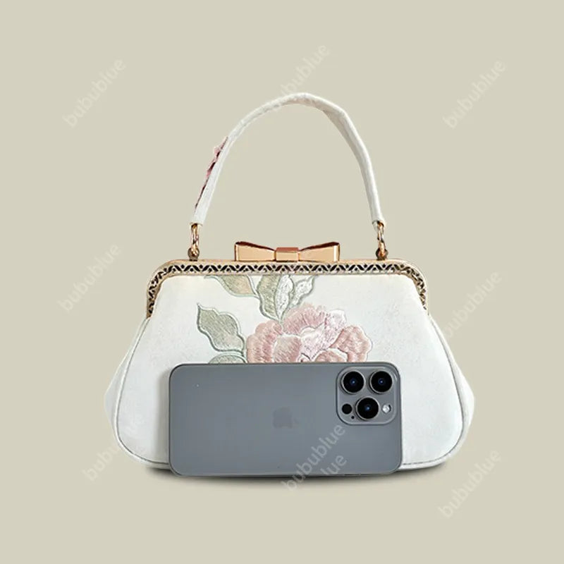 Vintage Begonia Embroidered Square Satin Handbag with Bow Lock