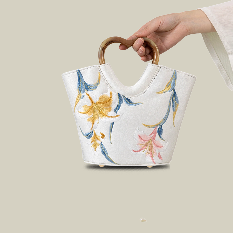 Lily Embroidered Tote Bag with Heart Handle