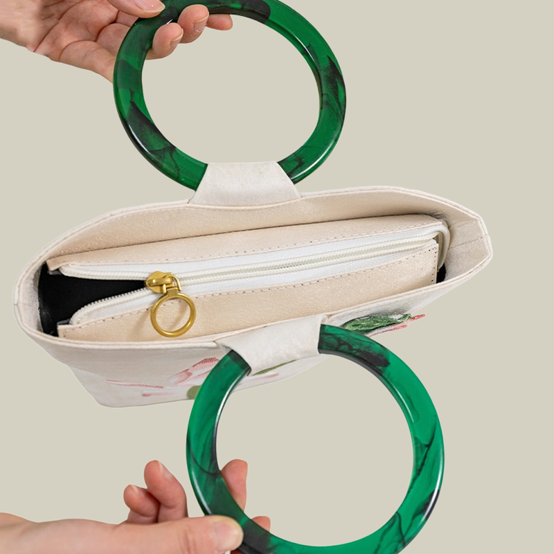 White Lotus Embroidered Tote Bag with Green Acrylic Handle