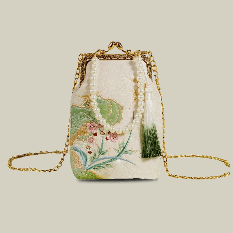 Orchid Whisper Embroidered Mini Crossbody Bag with Pearl Handle