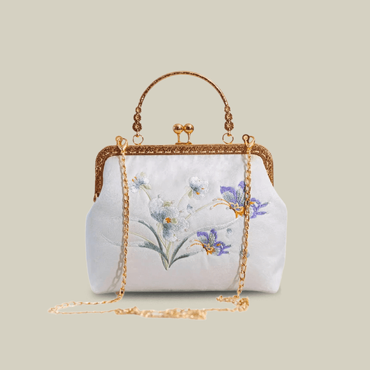 Butterfly Embroidered White Kiss-Lock Handbag