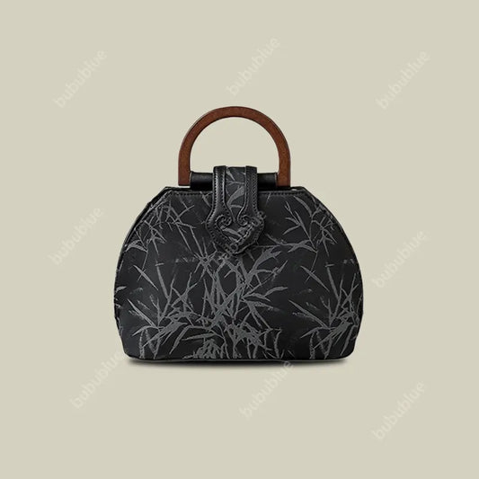 Bamboo Leaf Print Wooden Handle Shell Bag with Crossbody Strap